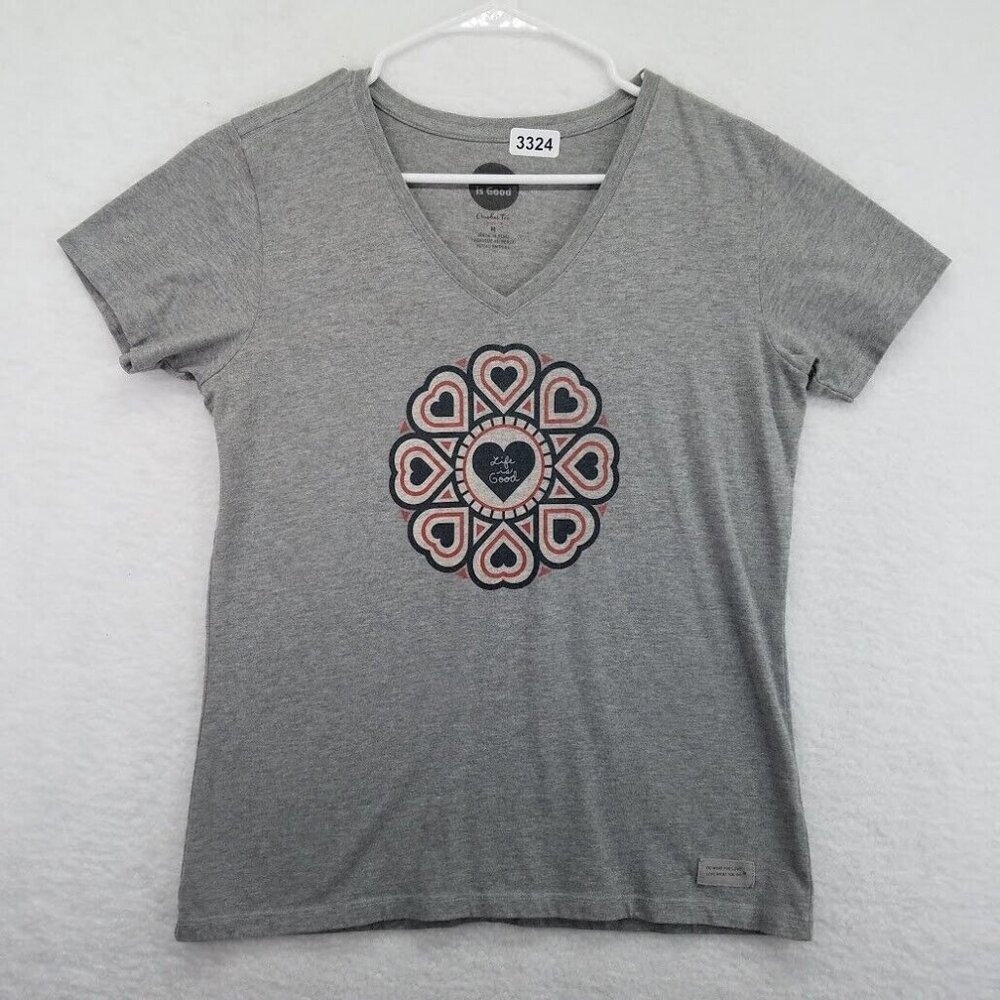 Life is Good Shirt Womens Medium Crusher Gray V Neck Hearts Mandala Short Sleeve